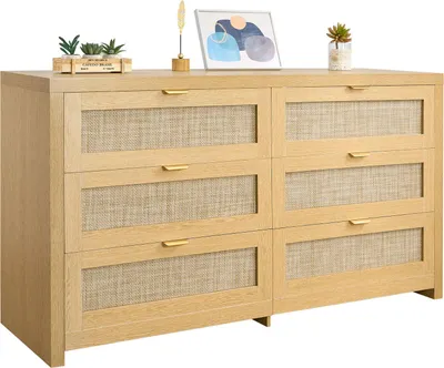 Obrázok produktu pre VEVOR ratanová komoda so 6 zásuvkami a kovovými úchytkami, moderná ratanová skrinka do spálne obývačky, predsiene (144,5 x 45 x 79,5 cm) šatníková skriňa so zásuvkami