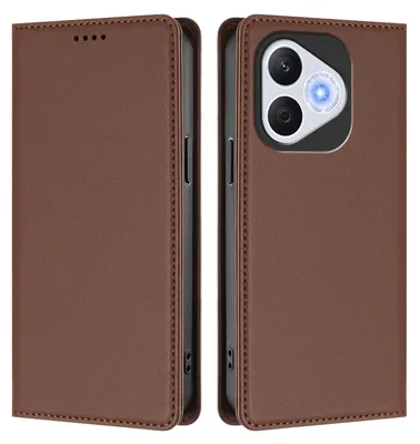 A brown leather flip case for a smartphone, shown from the front and back.