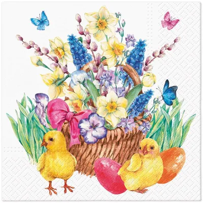 Immagine prodotto di Cestino di fiori e galline Tovaglioli di Pasqua 33x33cm TeteaTete