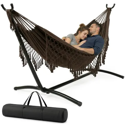 Obrázek produktu pro Houpací síť se stojanem, zahradní houpací síť, pro 2 osoby, venkovní houpací síť do zahrady, na terasu, na balkon, ve stylu boho, hnědá
