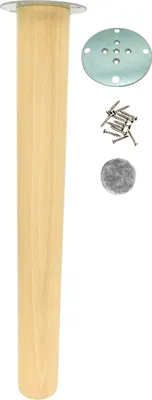 A wooden furniture leg with a metal mounting plate and screws on a white background.