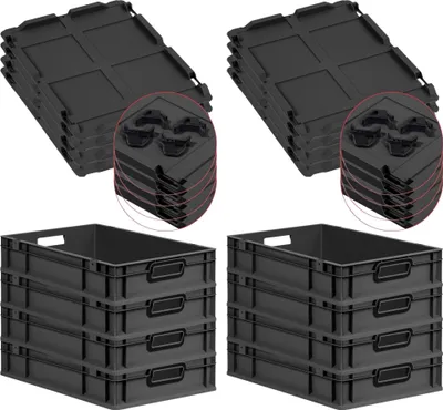 Produktbild von SuperSparSet 8x Eurobox NextGen Color mit Auflagedeckel und Schiebeschnappverschlüsse | HxBxT 12x40x60cm | 23 Liter | Schwarz | Griffe schwarz offen | Glatter Boden | Eurobehälter, Transportbox, Transportbehälter, Stapelbehälter