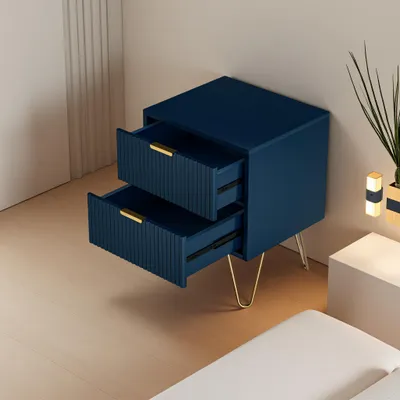 Zdjęcie produktu dla UnboxG Szafka nocna / komoda 40x35,5x50 cm, 2 szuflady, ciemnoniebieska z złotymi nóżkami, pionowy wzór, toaletka, stolik pomocniczy, kredens do sypialni