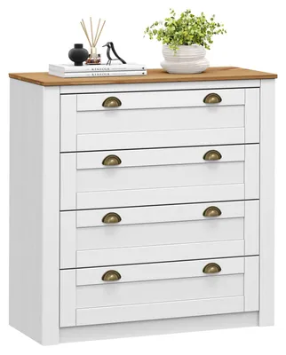 Produktbild von Kommode BOLTON aus Massivholz in weiß/braun, Sideboard mit 4 Schubladen und Muschelgriffen aus Metall, Sideboard aus Kiefer, Holz lackiert