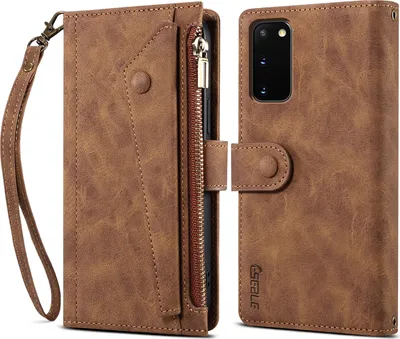 Produktbild von Schutzhülle für Samsung Galaxy S20 / S20 5G Reißverschluss Hülle, Leder Klapphülle Kartenfach Standfunktion Brieftasche mit Trageband Braun