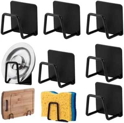 Produktbild von PolkaHome® Küchenschwammhalter Set – 6 Stück, selbstklebend, Edelstahl, Schwarz, 13 x 10 x 3 cm