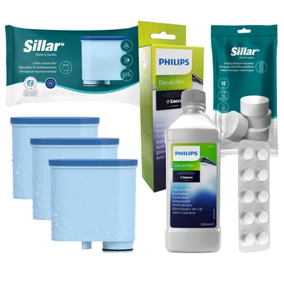 Produktbild von Komplettes Pflegeset für Philips Saeco AquaClean – 3x CA6903 Filter + CA6700 Entkalker + Reinigungstabletten