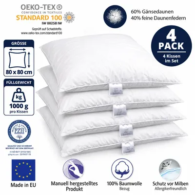 Produktbild von 4-er Set | Kopfkissen 80x80 cm | Füllung: 1000 Gramm Daunen | 100% Natur Kissen | Bezug: 100% Baumwolle | Daunenkissen 80 x 80 cm