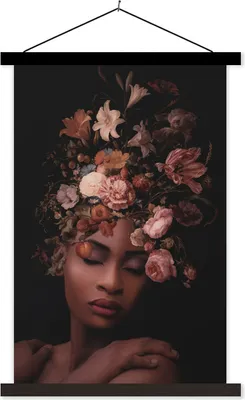 Produktbild von MuchoWow® Textilposter Frauen - Blumen - Schwarz 60x90 cm mit schwarzem Rahmen - Poster Wohnzimmer