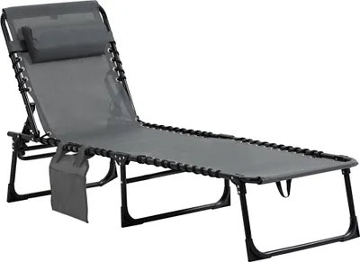Produktbild von Liegestuhl, Zusammenklappbare Liege mit Nackenkissen, Stahlrahmen, Netzstoffbezug, 120 kg Belastbarkeit, Grau