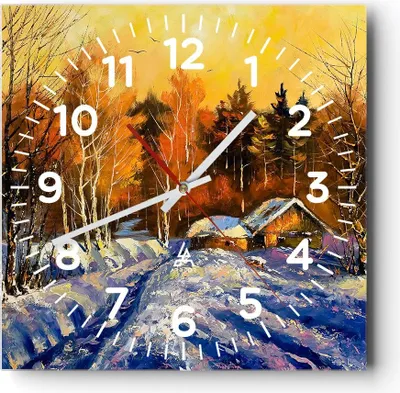 Produktbild von Wanduhr - Quadrat - Glasuhr - Winter Wald Wiese - 30x30cm - Schleichendes Uhrwerk - Lautlos - zum Aufhängen bereit - Dekoration Modern - Wanddekoration aus Glas - C4AC30x30-3535