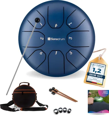 Produktbild von Sonodrum Zungentrommel: C - Dur in Blau - 20 cm mit 8 Tönen, Steel Tongue Drum inkl. Liederbuch, Schlägel, Fingersticks und Tragetasche