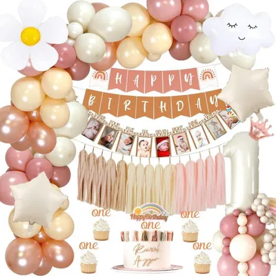 Productafbeelding van 1. Verjaardagsdecoratie voor meisjes in boho-stijl, set met fotobanner, ballonnen, regenboog en taart