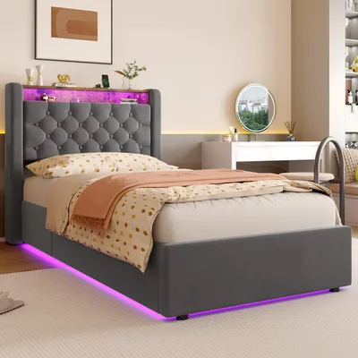 Immagine prodotto di okwish Letto imbottito 90×200 con cassetto e luci LED, letto singolo con testiera contenitiva e vano portaoggetti, letto per ragazzi grigio scuro, materasso escluso