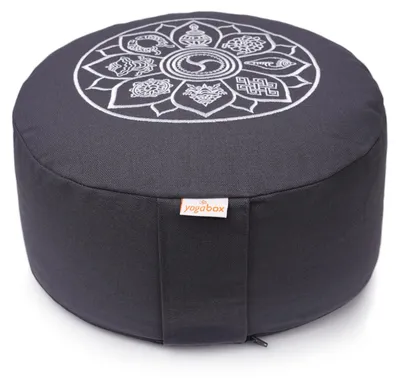 Produktbild von yogabox Meditationskissen Glückssitz® 8 Glückverheißende Symbole - grau 33 x 33 x 15 cm  Buchweizenschalen