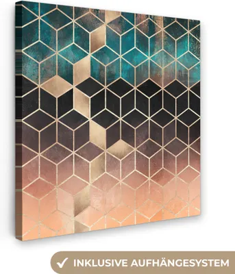 Produktbild von MuchoWow® - Leinwandbilder - Abstrakt - Würfel - Gold - Muster - Luxus, Wandbild, Wanddeko Bilder Wohnzimmer, 50x50 cm