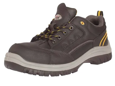 A single brown work shoe with yellow accents is shown against a white background.