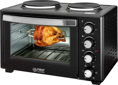 Immagine prodotto di TZS First Austria mini-forno con piastre di cottura | 45 litri | 3200 W | rivestimento antiaderente | forno combinato con 4 altezze di ripiano | accessori inclusi | nero *B-merci*
