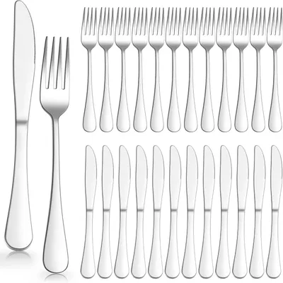 Produktbild von Steakbesteck Set, 24-teilig Edelstahl Tafelmesser und Tafelgabeln für 12 Personen, Silber Pizzabesteck Set mit 12 Messer und 12 Gabel, Rostfrei Besteck Set, Spülmaschinenfest