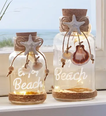Produktbild von 2x LED Glas "Beach" Windlichtglas mit Leuchtdraht, 12 & 16 cm hoch, maritime Leuchtdeko, Laterne, batteriebetrieben, Windlicht, Leuchtdeko, Tischdeko