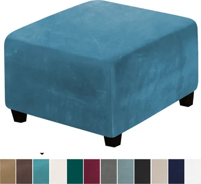Produktbild von (Pfauenblau) Quadratischer Hockerbezug Stretch-Ottomanenbezug Plüsch, Stretch-Hockerbezug Anti-Rutsch-Fußhocker Jacquard-Schonbezüge mit elastischer Unterseite