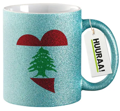 Produktbild von Huuraa Glitzertasse Libanon Flagge Herz 330ml Blau Keramik Kaffeebecher Geschenkidee