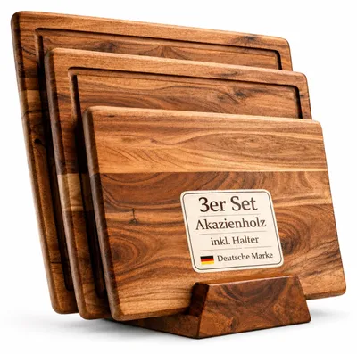 Produktbild von Set aus 3 Schneidebrettern aus Akazienholz mit Fuß und Saftrille