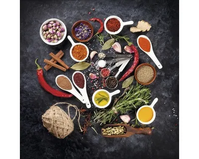 Produktbild von Orientalisches Glasbild Spicery II, Motiv Gewürze und Kräuter, Mehrfarbig, 20x20 cm