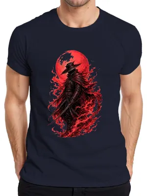 Immagine prodotto di Maglietta da uomo, taglia M, blu navy, con stampa "Samurai, Blutmond, Jäger, Katana, Krieger, Gothic, Giappone, Y2K, stile Souls-like"