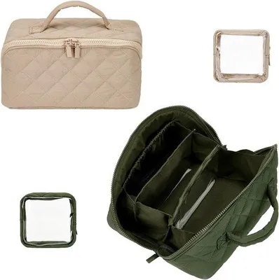 Productafbeelding van 2 x make-uptas voor op reis, 2 x toilettas met ritssluiting van polyester met 2 transparante vakken, Olijf, Burlywood
