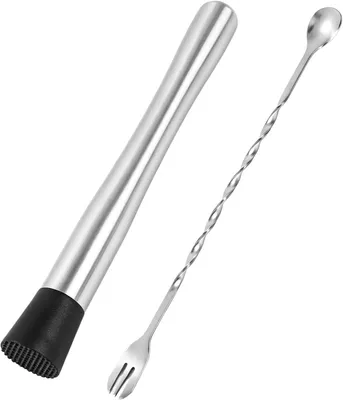 Image de Ensemble de cocktails en acier inoxydable, comprenant un fouet de 26 cm et un pilon de 25 cm, idéal pour préparer des mojitos