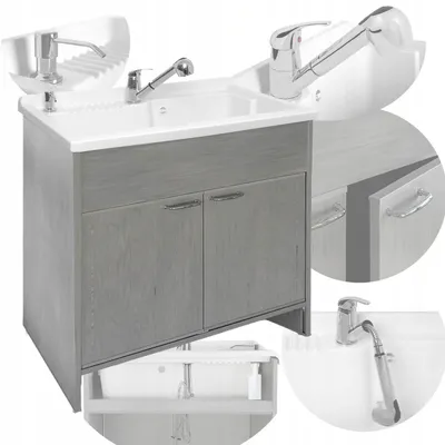 Immagine prodotto di Set lavabo SIGO 85x78 cm – Grigio, con mobile sottolavabo, rubinetto e dispenser saponiera