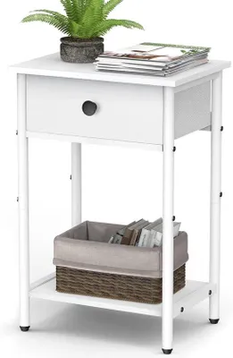 Produktbild von Unyqoos® Beistelltisch mit Schublade – moderner Nachttisch/Beistelltisch in Weiß-Holzdekor mit schwarzem Metallgestell, verstellbare Füße & Ablage