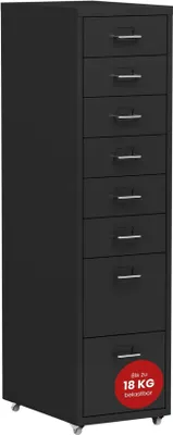 Produktbild von Rollcontainer Kökar Schubladenschrank Metall Aktenschrank mit 8 Schubladen Bürowagen mit Rollen für Arbeitszimmer 109 x 28 x 41 cm Schwarz