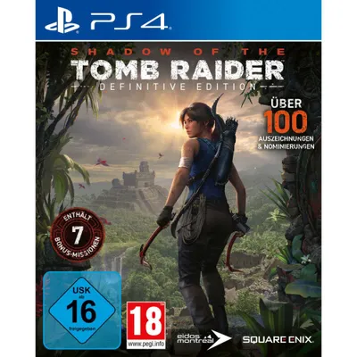 The cover art for the video game Shadow of the Tomb Raider, featuring the protagonist Lara Croft in a jungle setting with ancient ruins in the background.