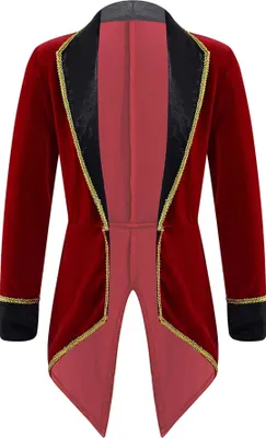 A red velvet tailcoat with black lapels and gold trim, displayed flat against a white background.