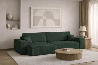 Image de Canapé d'angle avec fonction sommeil et coffre de lit BEST XL, tissu Poso velours côtelé épais, vert, gauche