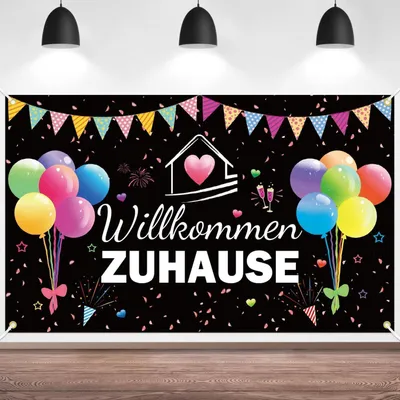 Image de Bienvenue chez vous, bannière 180 x 110 cm, en tissu avec cordelette, pour décoration de fête