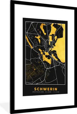 Produktbild von MuchoWow® Gerahmtes Poster Schwerin - Stadtplan - Karte - Deutschland - Gold 60x90 cm - Poster mit Schwarzem Bilderrahmen Wandposter Rahmen Foto Bilder - Dekoration - Wandposter Wohnzimmer - Hochwertig