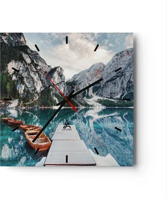 Produktbild von Wanduhr - Quadrat - Glasuhr - Boote Berge Hafen - 40x40cm - Schleichendes Uhrwerk - Lautlos - zum Aufhängen bereit - Dekoration Modern - Wanddekoration aus Glas - C3AC40x40-5068