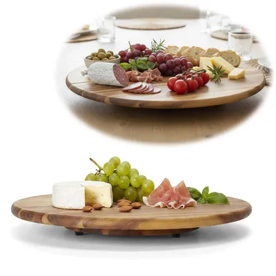 Produktbild von LS-LebenStil XXL Servierplatte Drehteller Akazie 40cm Holztablett drehbar Drehtablett Vesperbrett Serviertablett Pizzateller Servierbrett Käseplatte