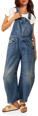 Produktbild von PLNOTME Damen Denim-Latzhose, Barrel Bein, verstellbarer Riemen, Jeanshose, Jump