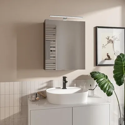 Image de Armoire de salle de bain avec miroir, dimensions 50x60 cm, noire, avec éclairage LED. Étagère miroir sans poignée. Applique murale noire