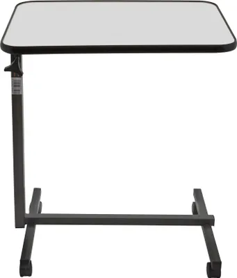 A hospital bed side table with wheels.