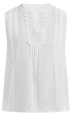 Produktbild von Damen Bluse in A-Form, ärmellos, weiß, Größe XL, mit Spitze, aus Leinen-Viskose-Mix