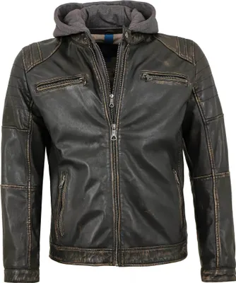 Produktbild von Herren Lederjacke Lammnappa Bikerjacke Kapuze schwarz-beige : 52
