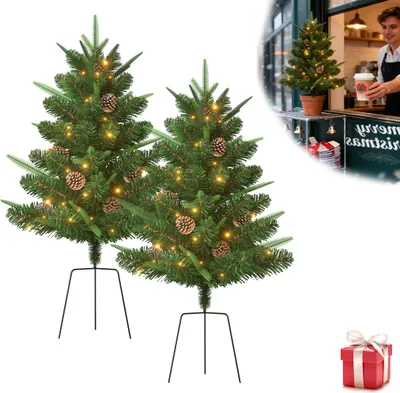 Obrázok produktu pre UISEBRT 2 kusy 76cm vianočný stromček s podperou na stĺpik, kompaktný, umelý stromček s 30 teplými bielymi LED diódami, borovicová šiška PE+PVC