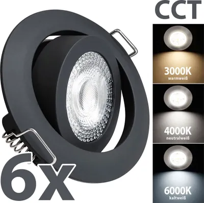 A close-up of a black LED recessed spotlight with a graphic showing different color temperatures and the quantity '6x'.