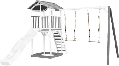 Produktbild von AXI Beach Tower Spielturm aus Holz in Weiß & Grau | Spielhaus für Kinder mit weißer Rutsche, Doppelschaukel und Sandkasten | Stelzenhaus für den