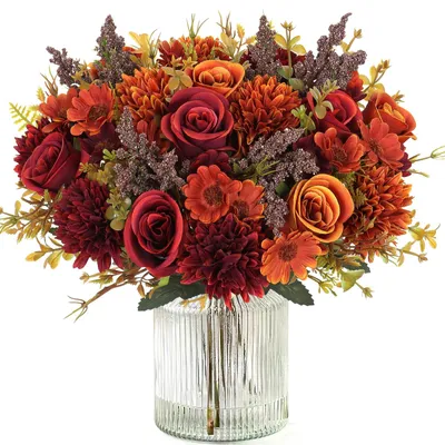 Künstliche Rosen & Gänseblümchen, 4 Sträuße, Seide, Orange-Rot